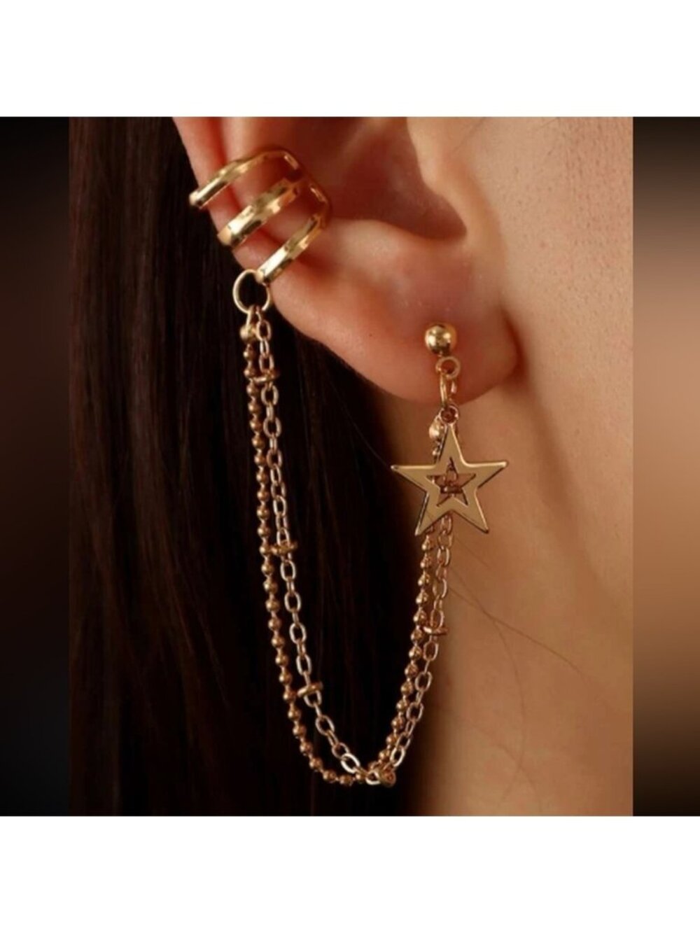 Gold 1pc Star Ear Cuff Linked Earring
